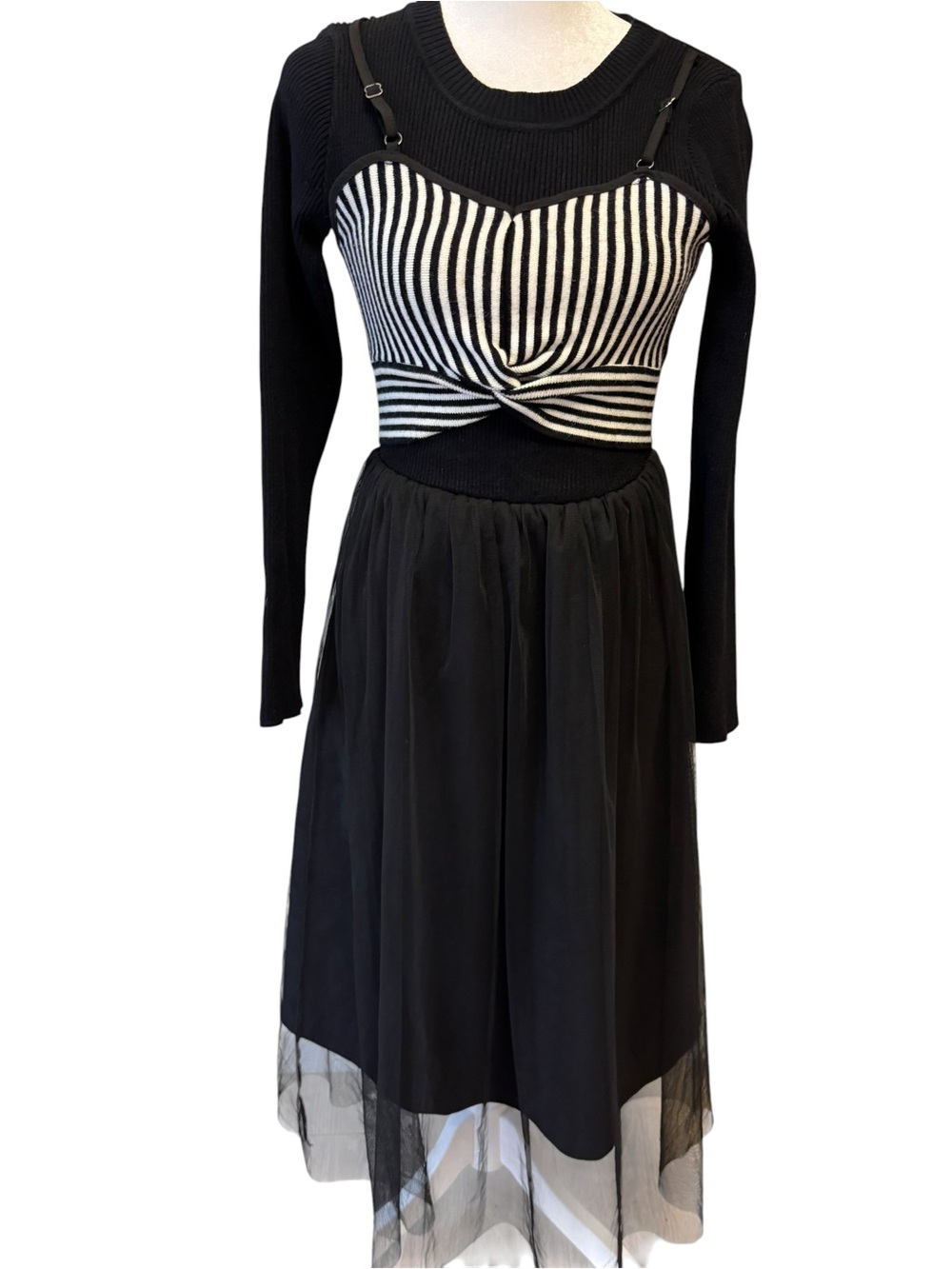 Black & White Striped Corset-Style Mesh Dress 🖤🤍